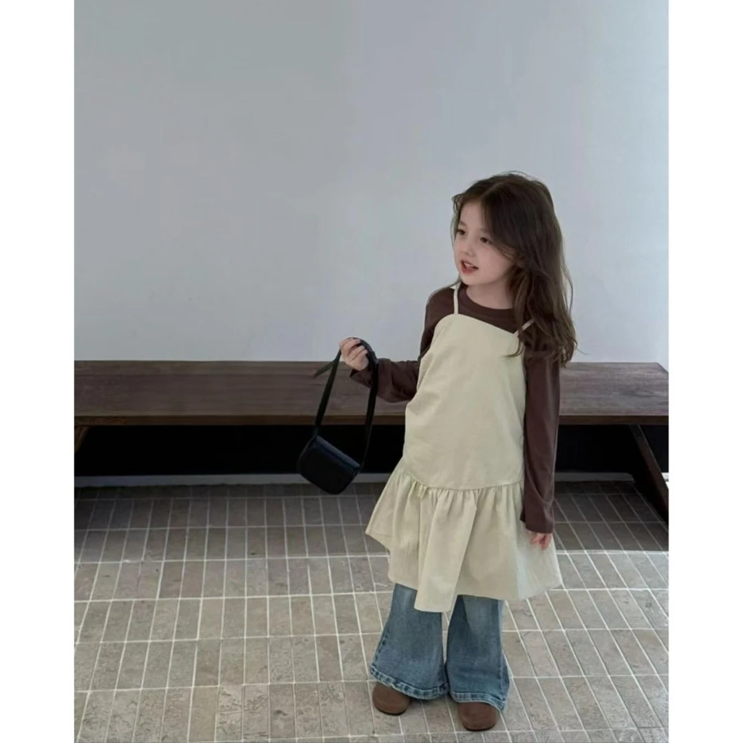 女童早秋T恤儿童2025新款薄款打底衫宝宝洋气炸街吊带裙两件套