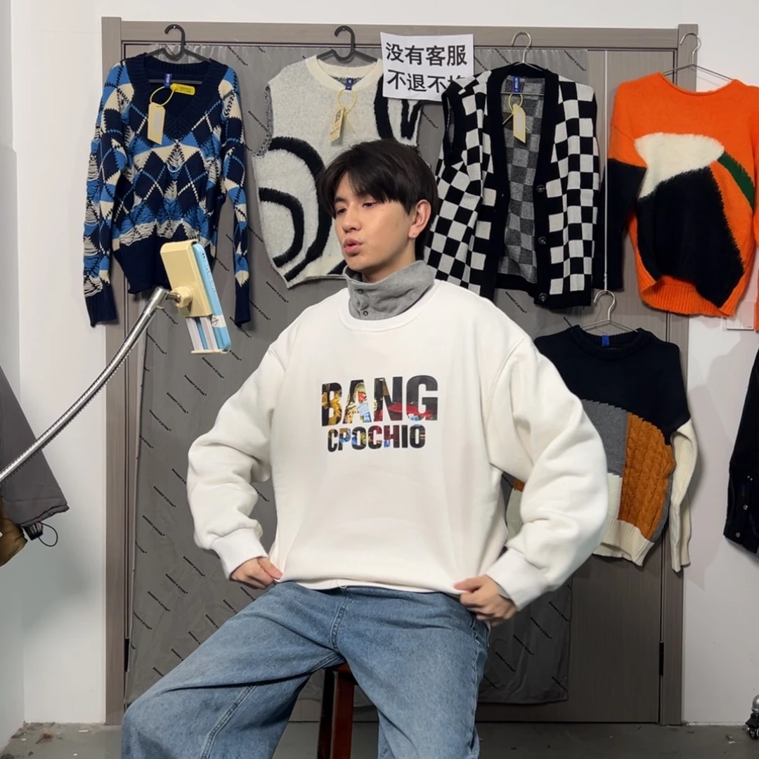 套头款潮流时尚白色卫衣加绒xl码