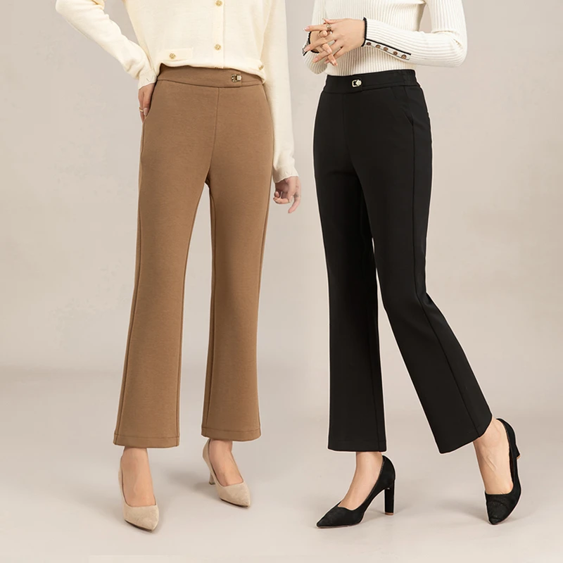 天丝棉九分微喇女裤2025秋季新款高腰西装裤松紧腰卡其色喇叭裤子