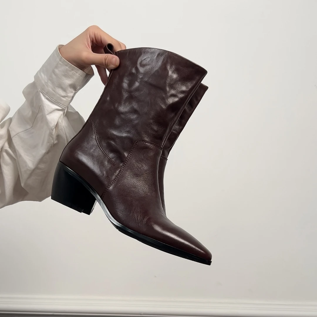 Dannyfrey秋冬新款头层牛皮复古方头显高显瘦百搭女切尔西靴5.5CM