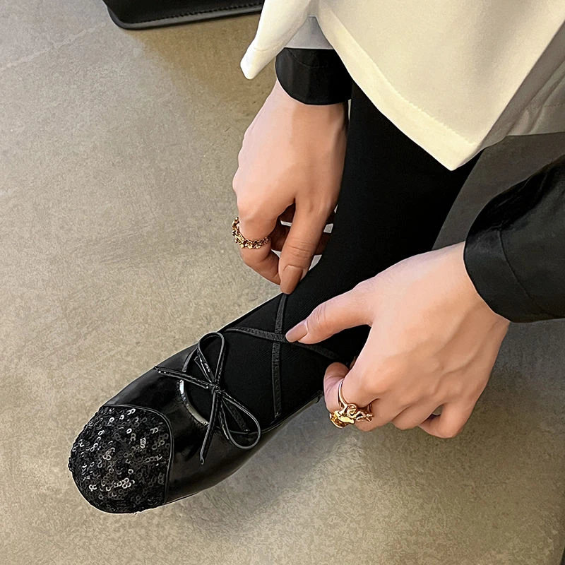 2211银色鞋韩版甜美拼接蝴蝶结交叉带玛丽珍鞋女新款2cm低