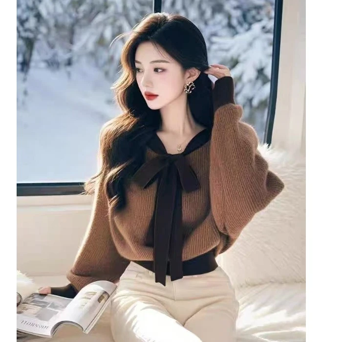 洋气独特漂亮法式超好看蝴蝶结绑带高级感宽松韩版套头毛衣女秋冬