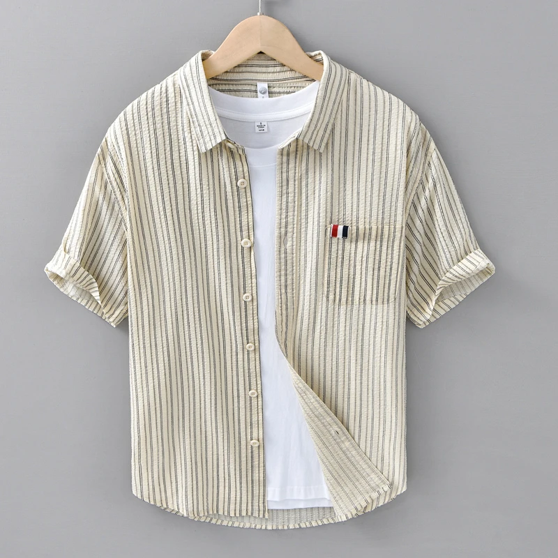 Cebrodz小清新条纹短袖衬衫男夏季衬衣文艺休闲帅气上衣潮流百搭