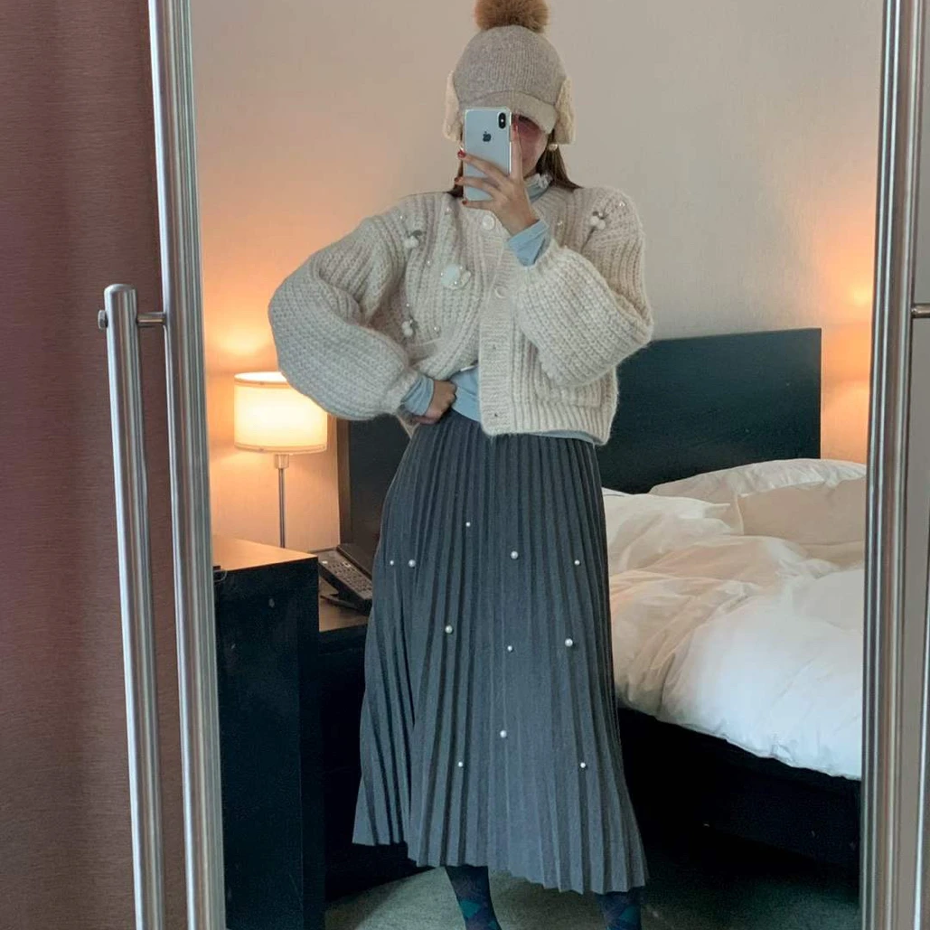 014【百褶珍珠】优雅高质感百搭纯色珍珠半身T