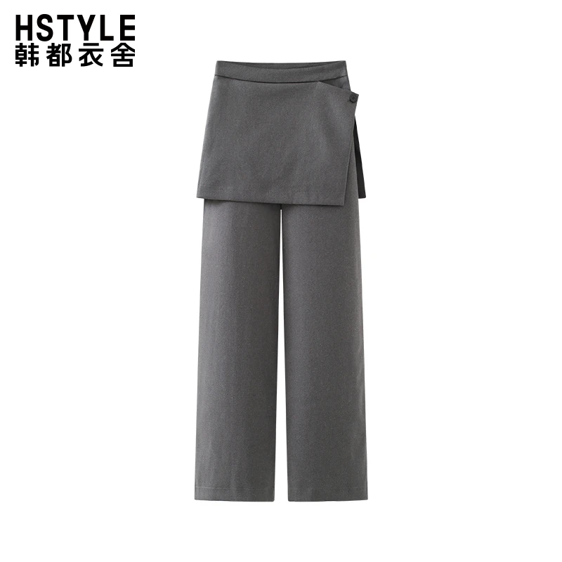 韩都衣舍高腰屁帘西装直筒休闲裤女设计感小众藏肉假两件长裤新款