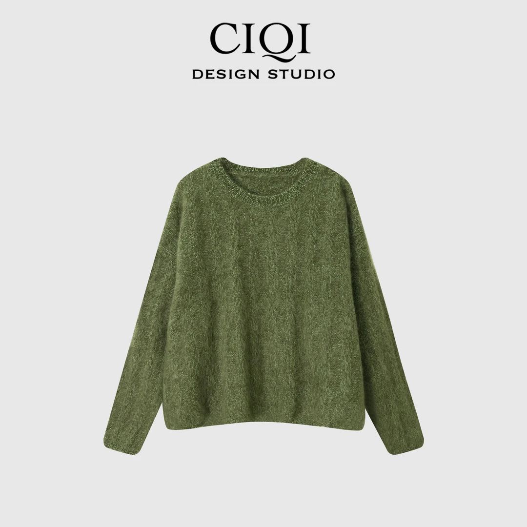 CIQI STUDIO【佳色格调】100%羊毛拉绒工艺纯色气质圆领针织衫25667