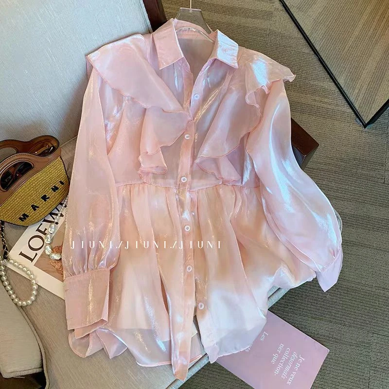 外贸原单出口品牌剪标尾单女装粉色荷叶边超仙甜美休闲