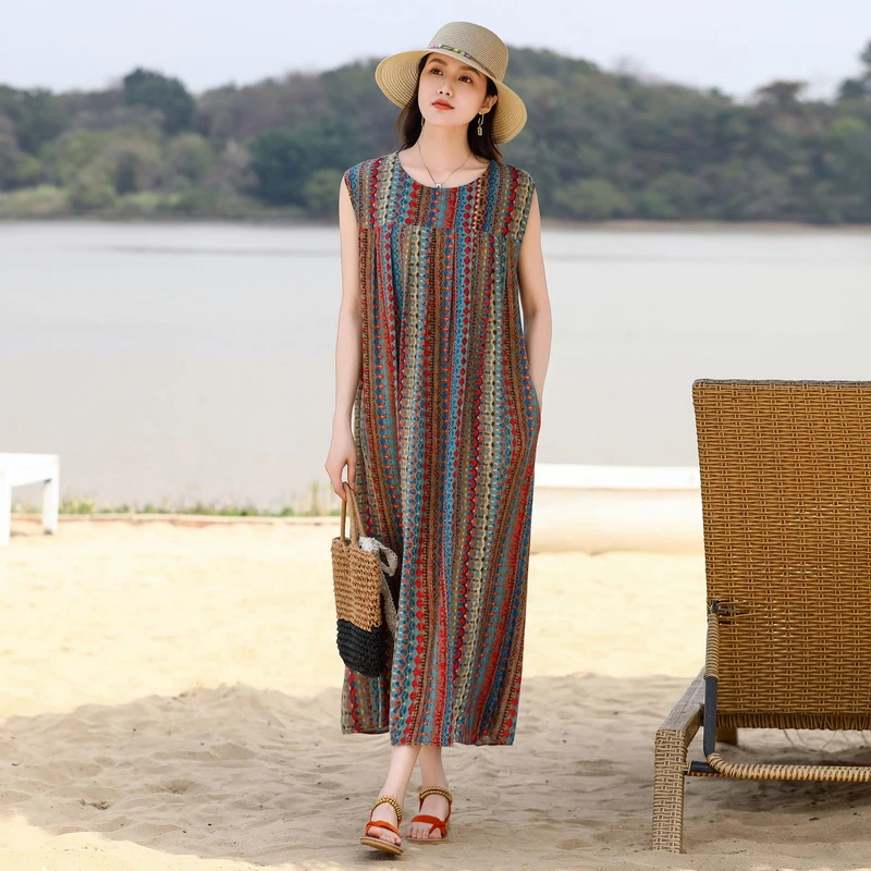 A字裙中长裙波西米亚风夏季沙滩裙时尚妈妈装海边度假大码连衣裙