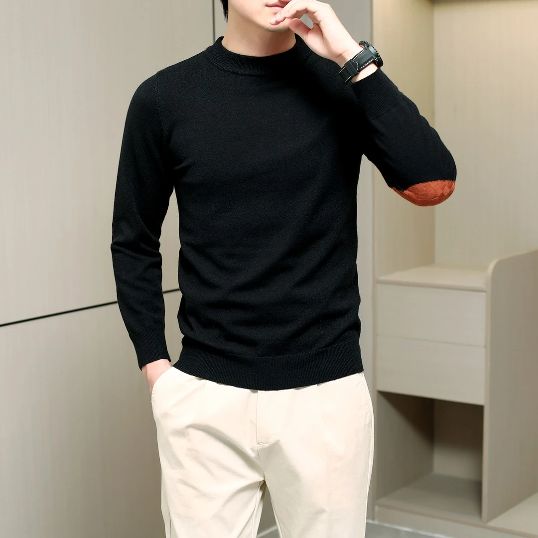 冬季男士针织衫毛衣时尚百搭加厚保暖肘部撞色棋盘格设计高档商务