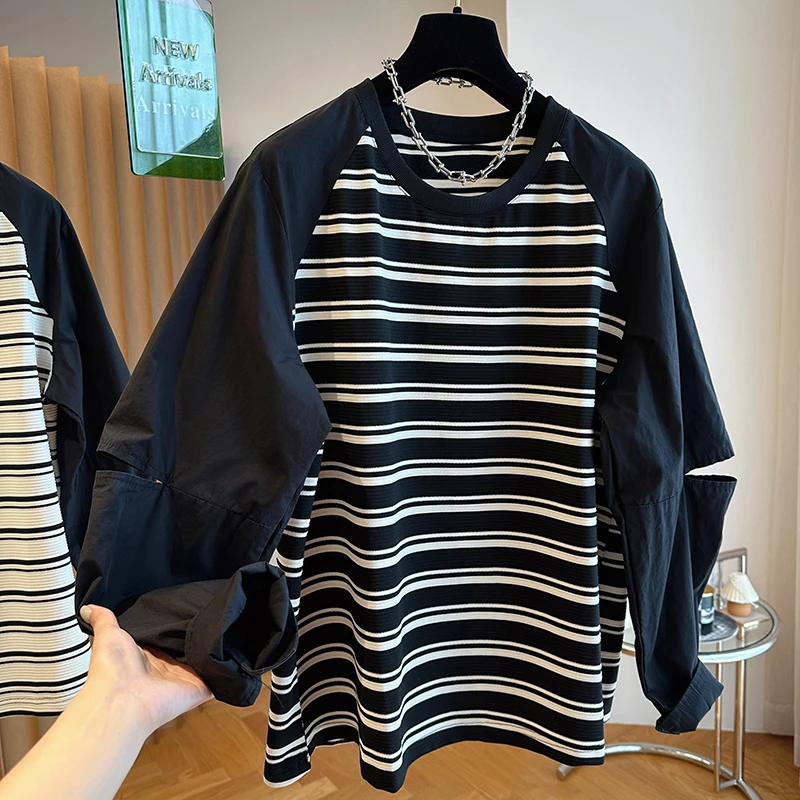 胖妹妹240斤大码假两件插肩袖上衣女秋季宽松韩版减龄条纹长袖t恤