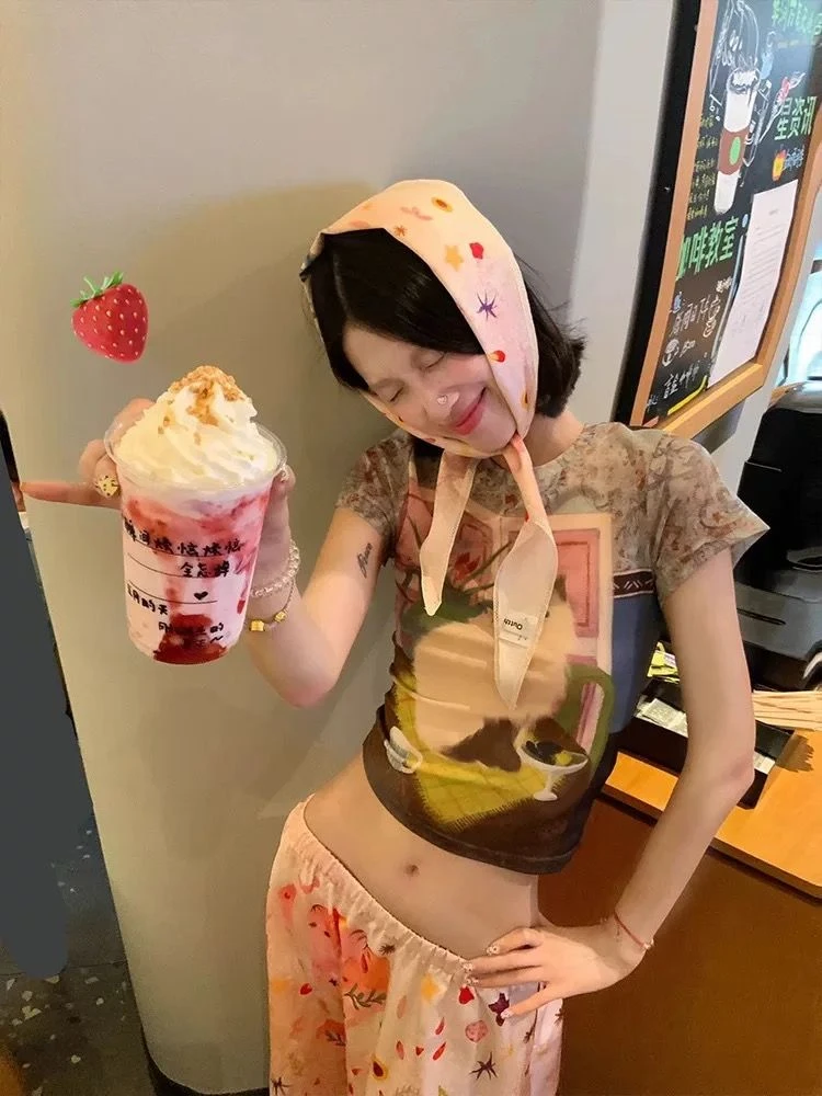 美式复古猫咪网纱印花正肩短袖t恤女夏季小个子修身显瘦短款上衣