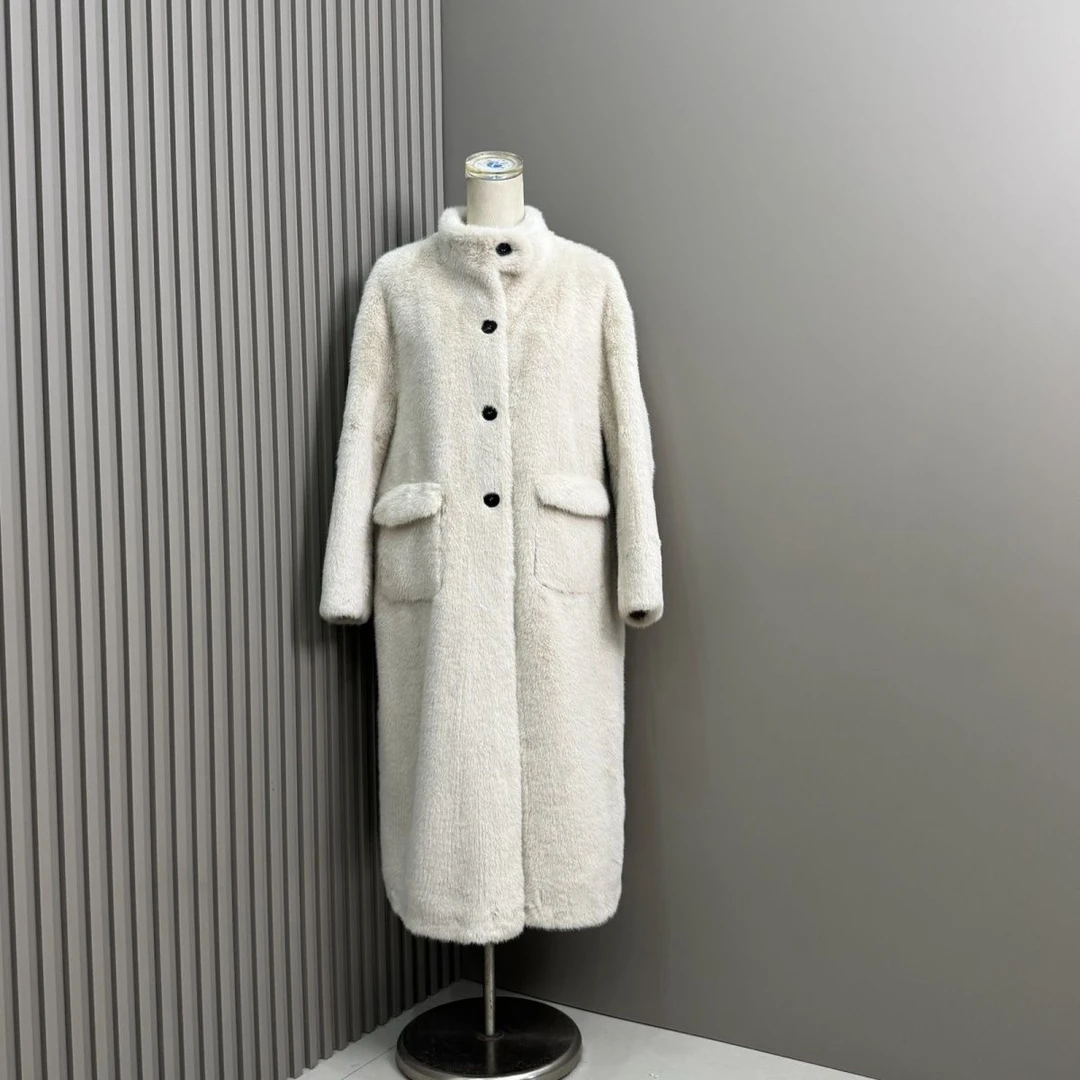 人造皮草 女款中长款半高领甜美风长袖冬季长款人造皮草外套