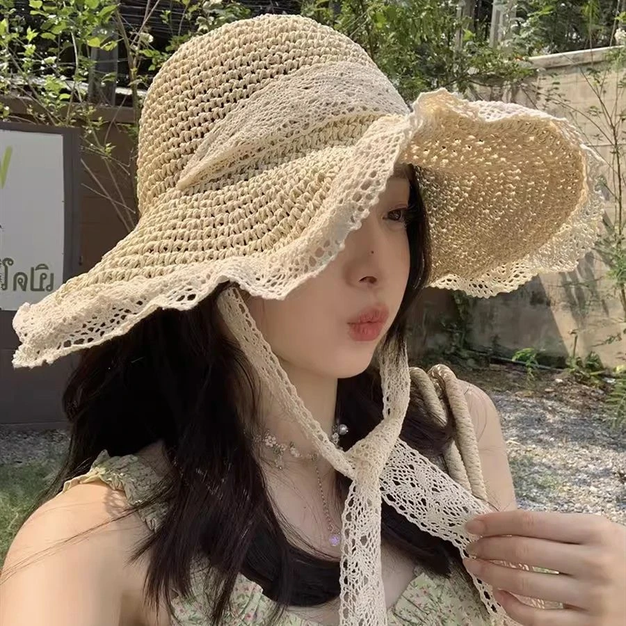 【店铺热销】草帽海边帽子ins系带草编帽女夏出游防晒沙滩太阳帽蕾