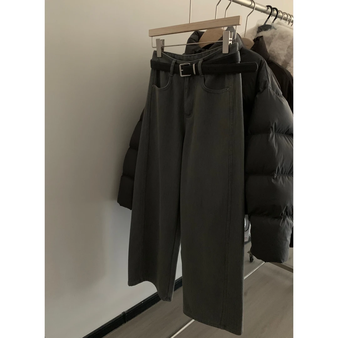 冬季新款加绒水洗直筒阔腿百搭牛仔裤