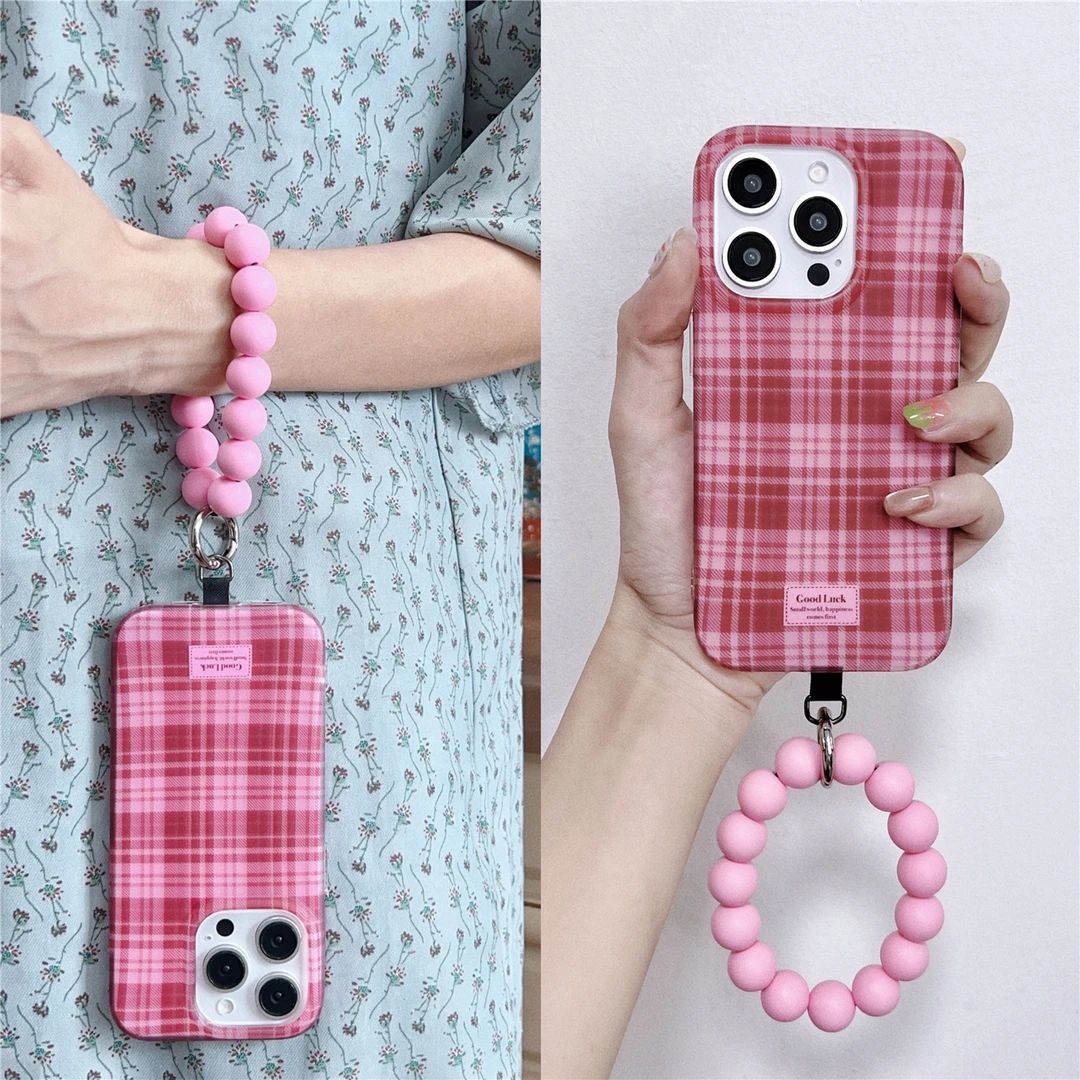 文艺风复古粉色格纹手拎串珠适用iphone17pro手机壳苹果16女15/14