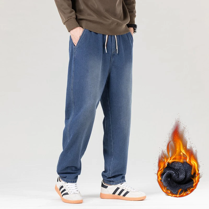 男士秋冬加绒牛仔裤提花宽松牛仔裤微锥抽绳休闲牛仔裤