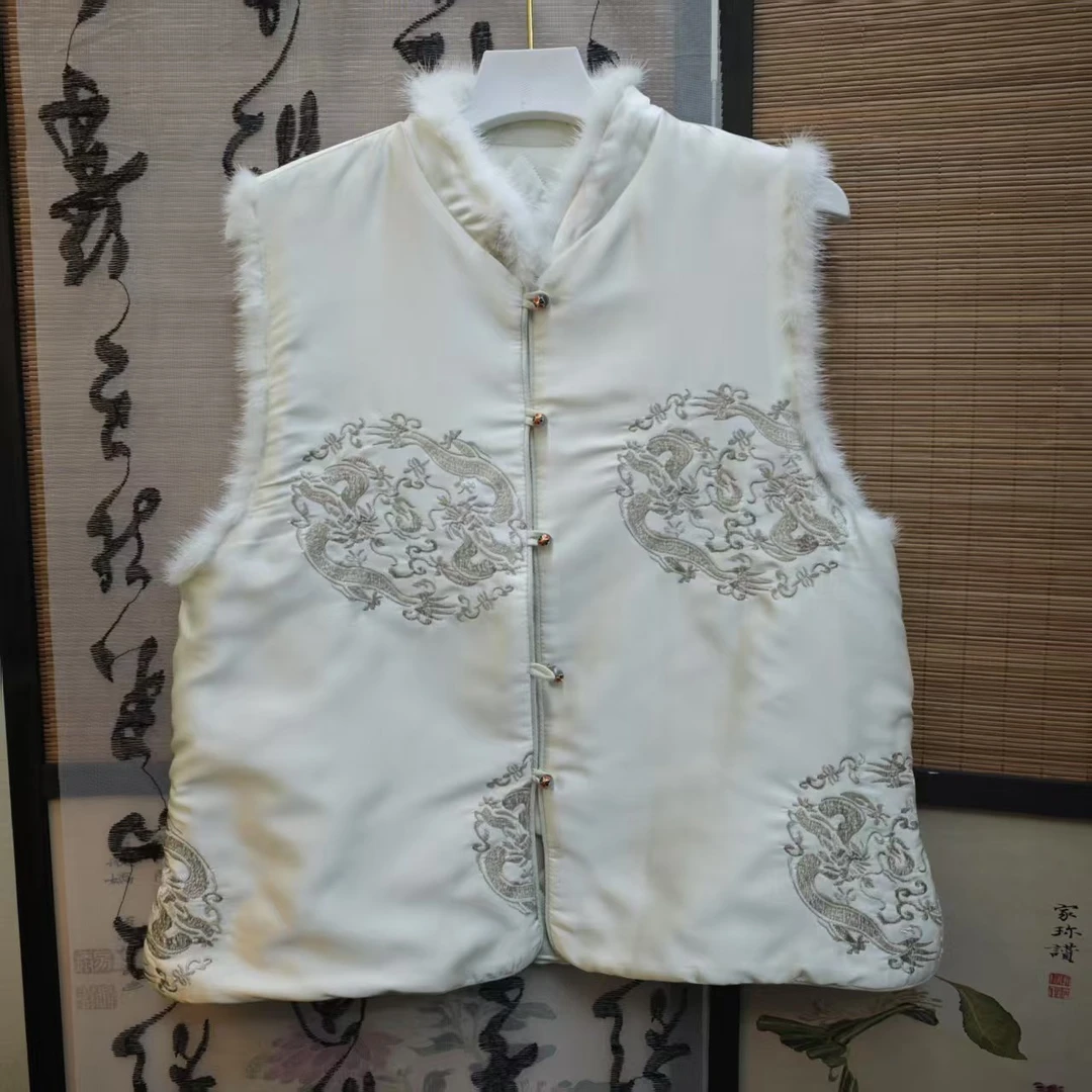 [画意]马甲白色时尚国风马夹民族风保暖女士毛马甲