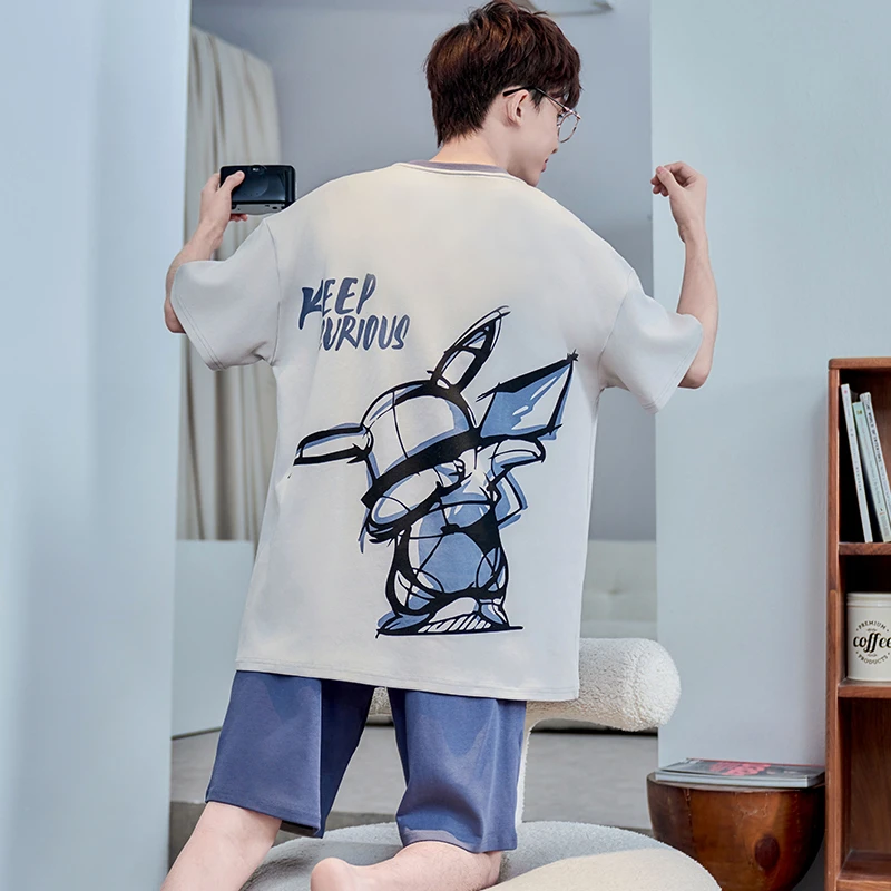 男士睡衣夏季纯棉短袖短裤薄款卡通青少年学生男款夏天家居服套装