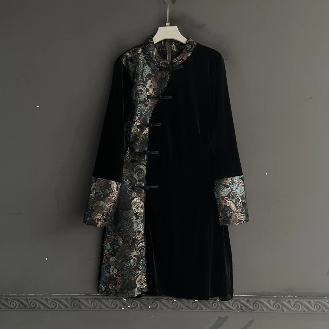 胖MM国风气质秋季新款斜襟盘扣改良中长款连衣裙