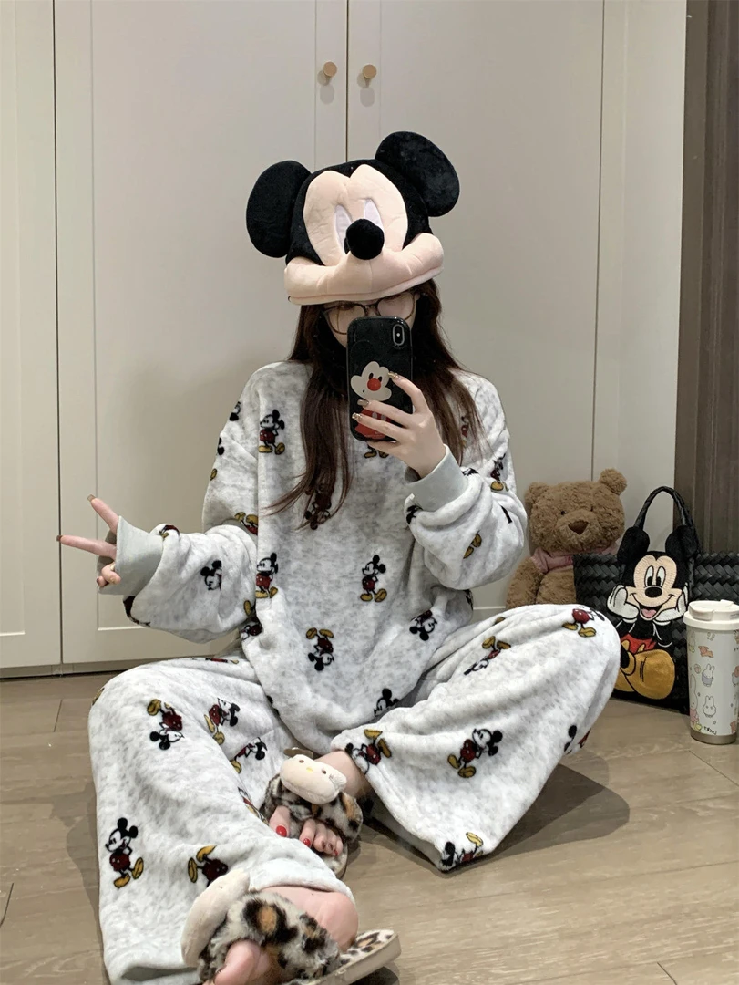 睡衣女秋冬季加厚保暖圆领可爱2025新款米奇卡通珊瑚绒家居服套装
