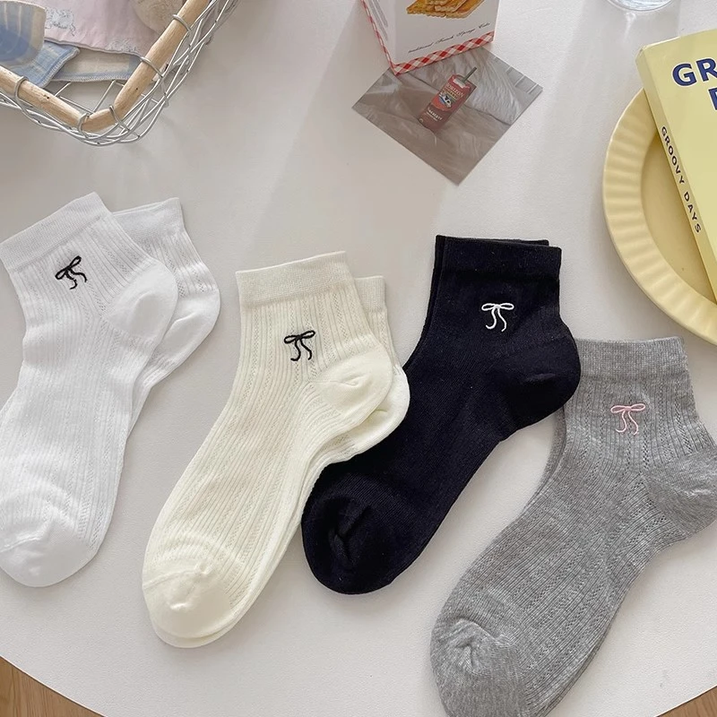 新款夏季薄款中短筒袜子无骨蝴蝶结夏天网眼透气短袜miu风镂空夏