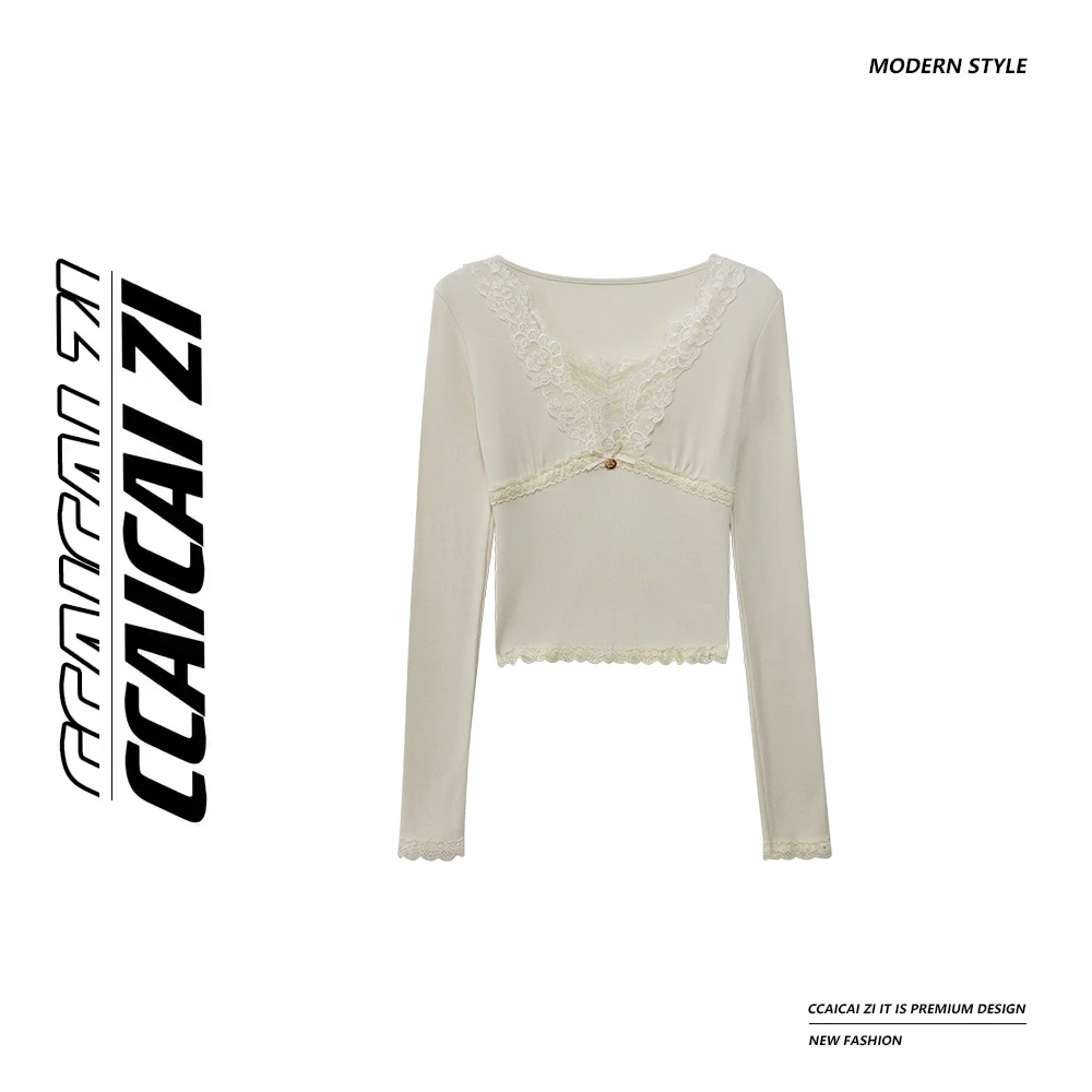 CCA181【梦境芭蕾】盘花刺绣蕾丝拼接弹力针织衫