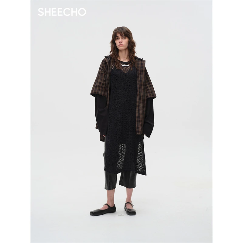 ASYUS设计师品牌25PF早秋假两件连帽格子拼接衬衫女上衣SHEECHO