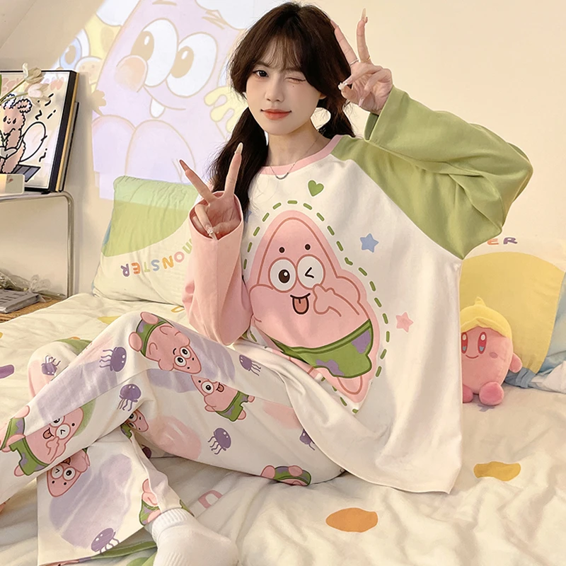 女大睡衣新款纯棉长袖冬季薄款大码宽松卡通学生韩版可外穿家居服