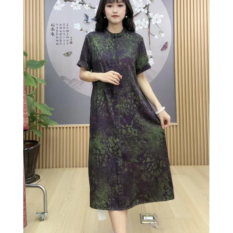 【艺人专属】春夏季中式印花收腰时尚中长款气质短袖连衣裙8899