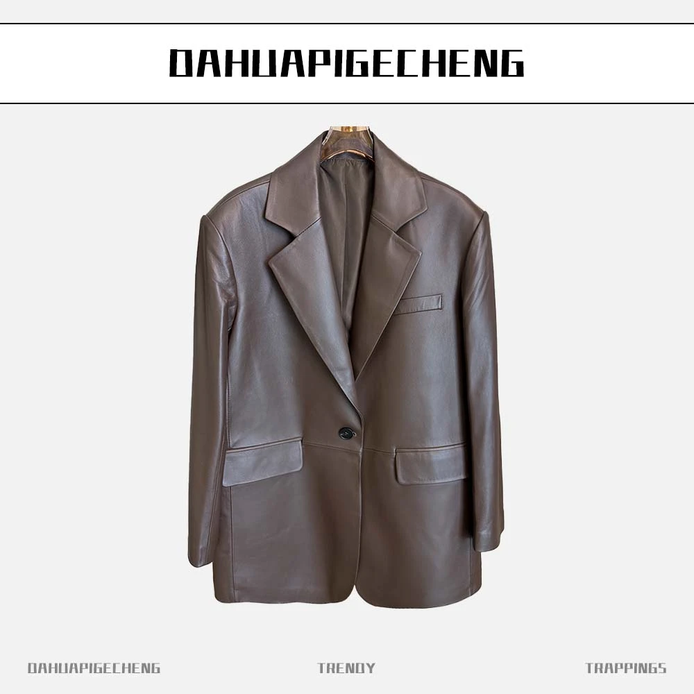 女士春季新款皮衣油蜡皮西服款风衣款真皮羊皮外套80072