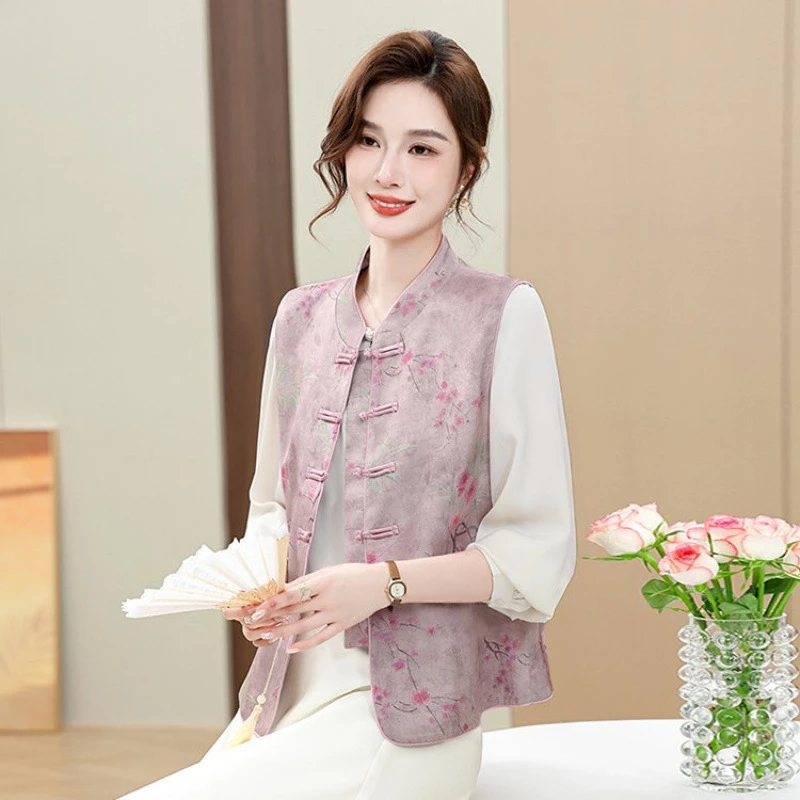 新中式妈妈春装缎面马甲外套中老年女装春秋国风唐装背心立领上衣