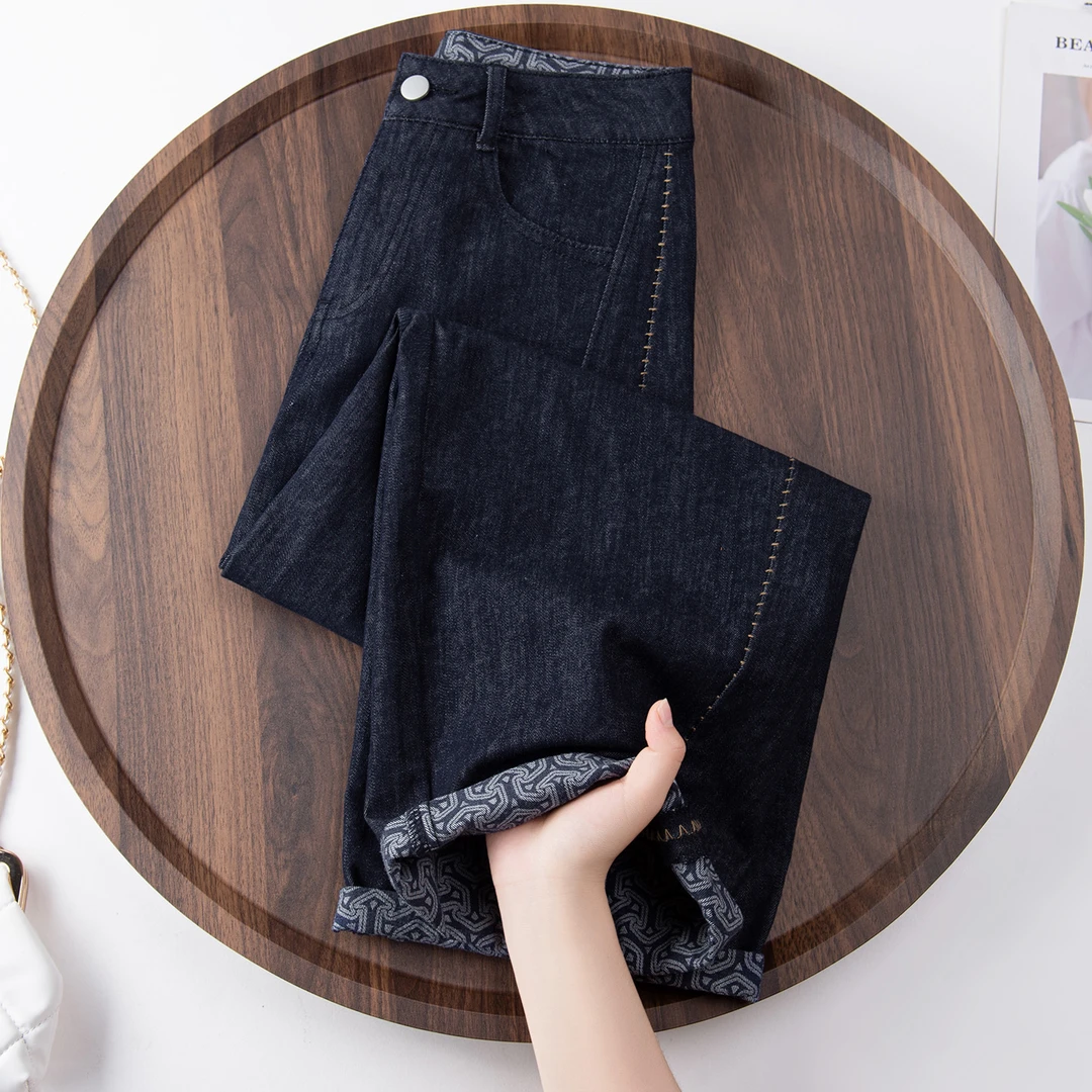 丹宁蓝阔腿弯刀牛仔裤女士2025秋季新款高腰显瘦小个子九分气球裤