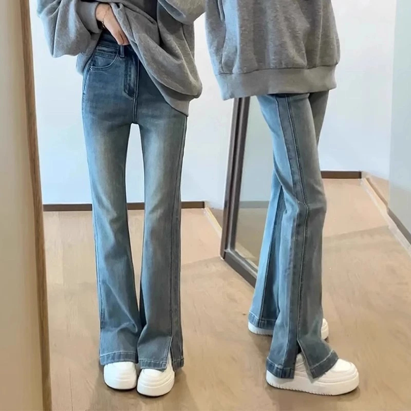 春季新款高腰弹力显瘦开叉直筒马蹄牛仔裤女小个子复古修身微喇裤