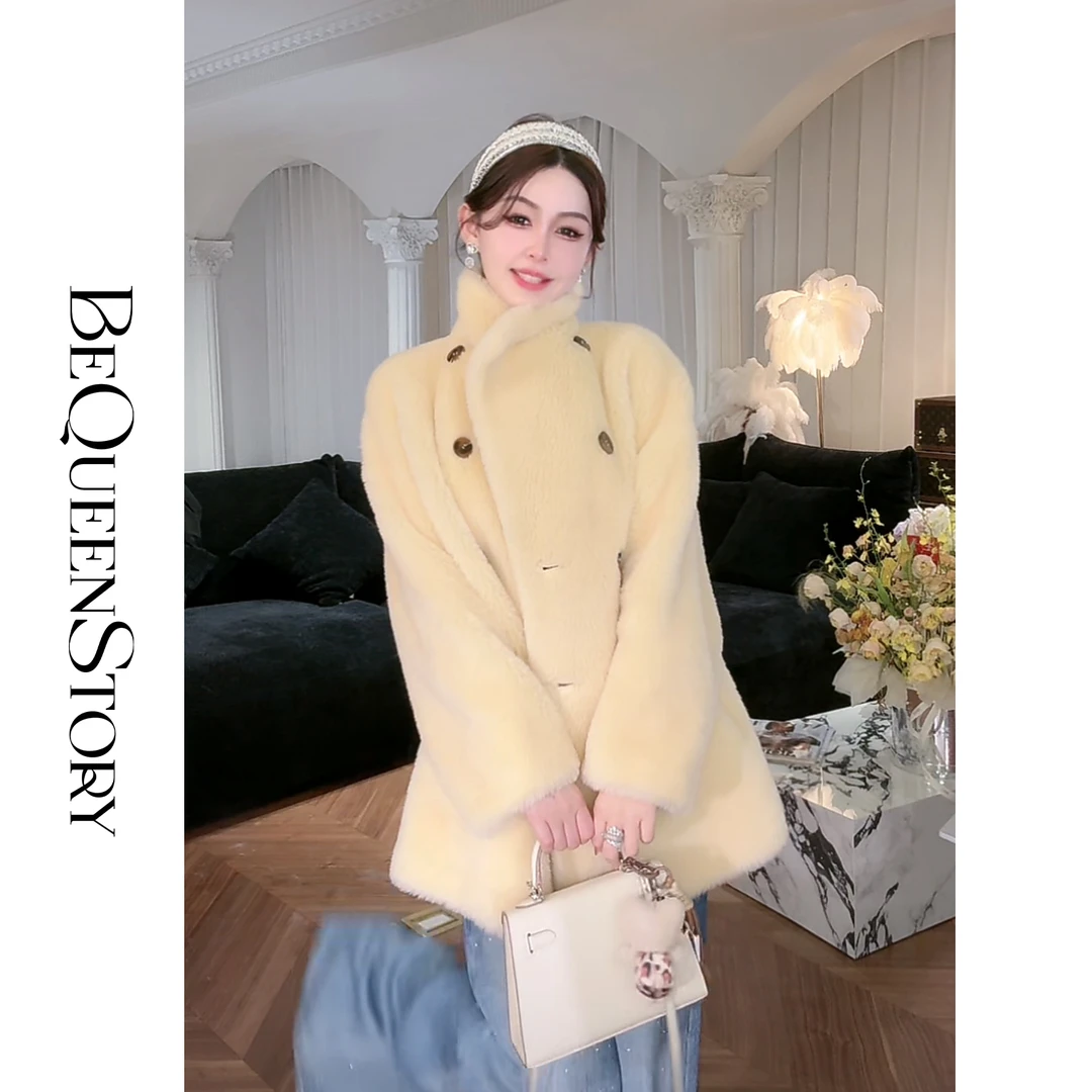 韩韩IU【黄油奶糕】秋冬保暖内里复合麂皮绒翻领羊毛颗粒外套