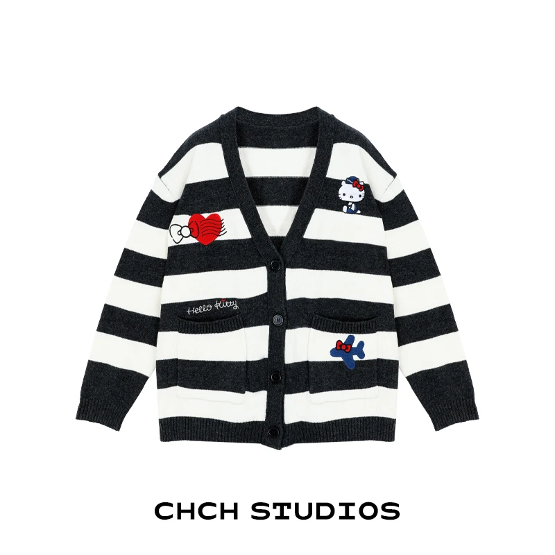 RAZZ73422条纹撞色卡通刺绣开衫学院风慵懒长款毛针织衫