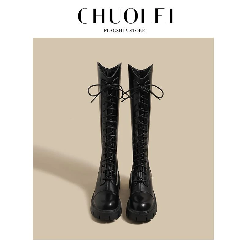 v口长筒靴女2025春秋季新款小个子增高跟显瘦厚底黑色系带骑士靴