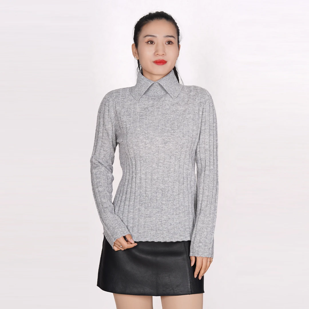 TALMUS/塔拉牧丝山羊绒抽条翻领套头衫女士休闲纯色针织修身