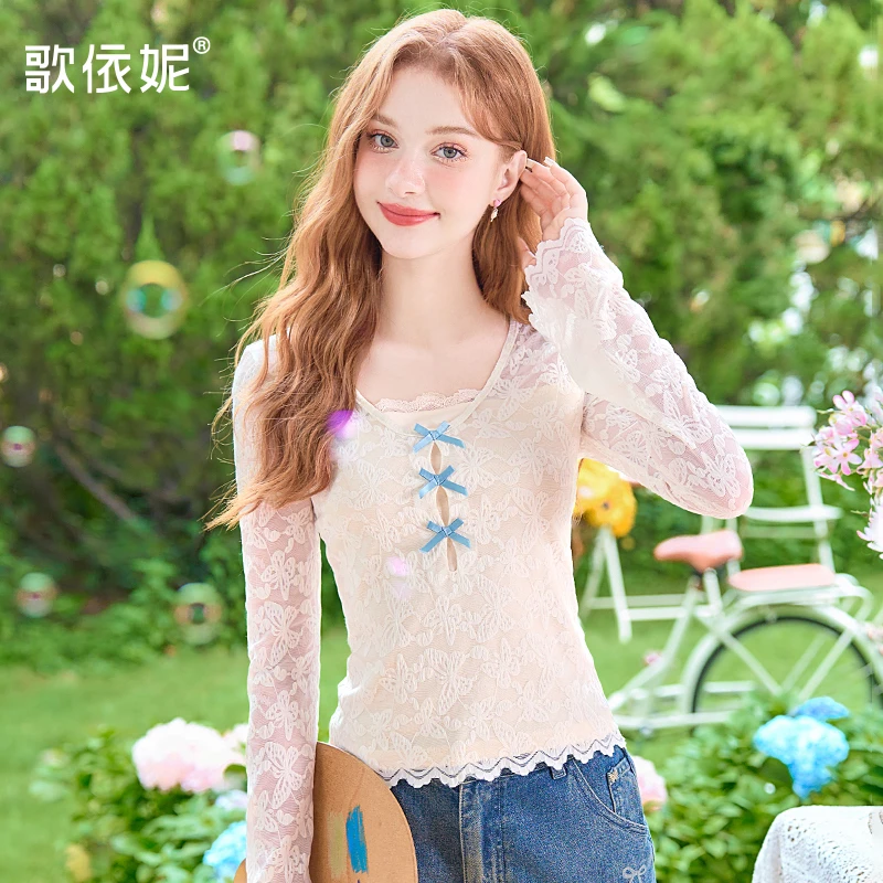 歌依妮秋冬季甜美假两件蕾丝少女气质打底衫女内搭长袖T恤衫上衣