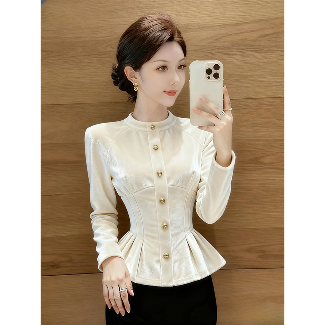 法式气质白色立领丝绒上衣外搭衬衫女秋冬独特漂亮掐腰修身衬衣