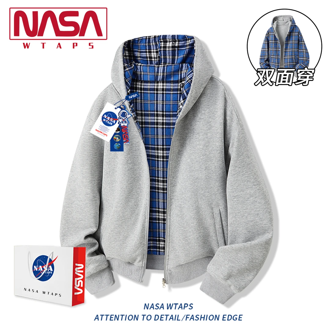 NASA WTAPS连帽卫衣男秋季可双穿格纹拼接外套轻奢高级感男生衣服