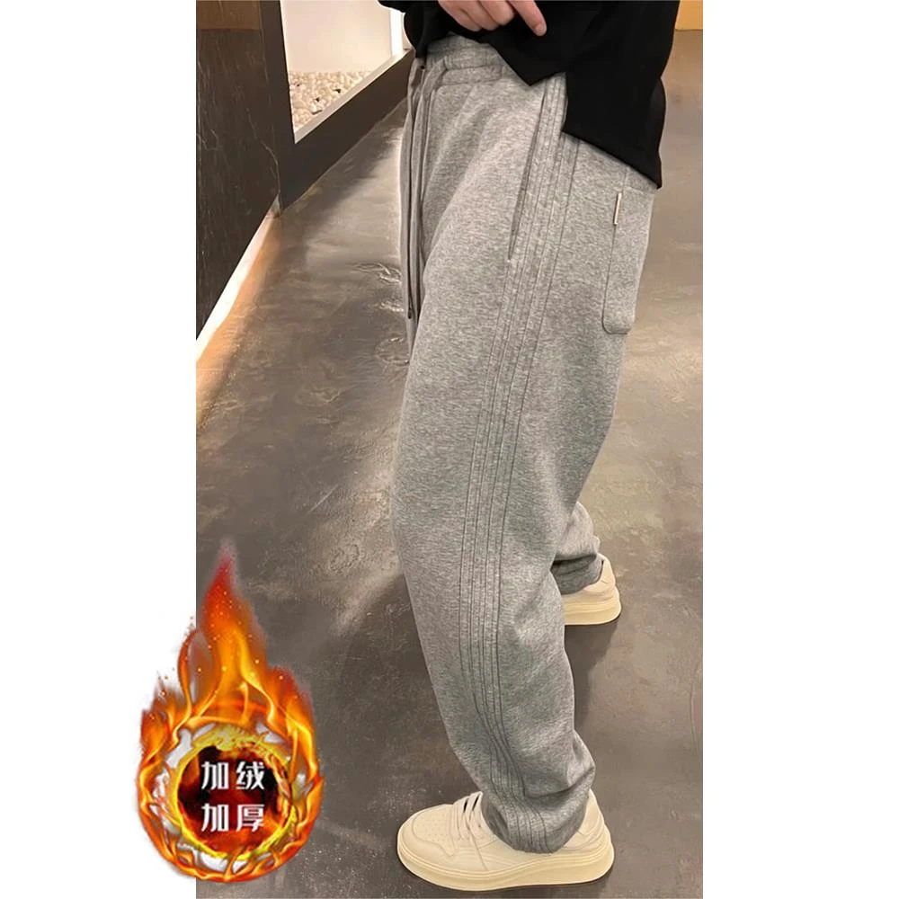 欧货阔腿休闲裤男士冬季新款加绒加厚直筒裤百搭潮流弹力运动卫裤