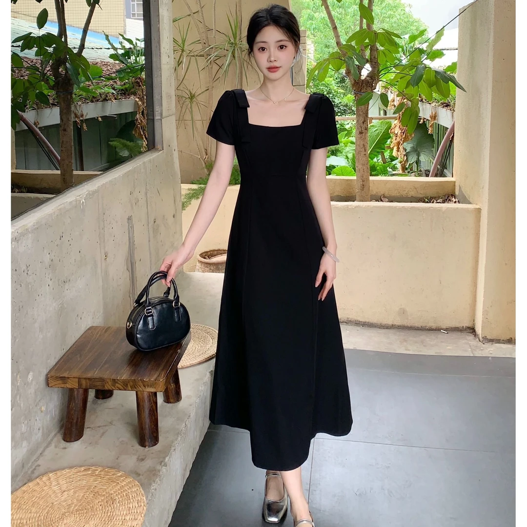 夏季大码胖mm韩版气质蝴蝶结短袖方领连衣裙女收腰显瘦长款小黑裙