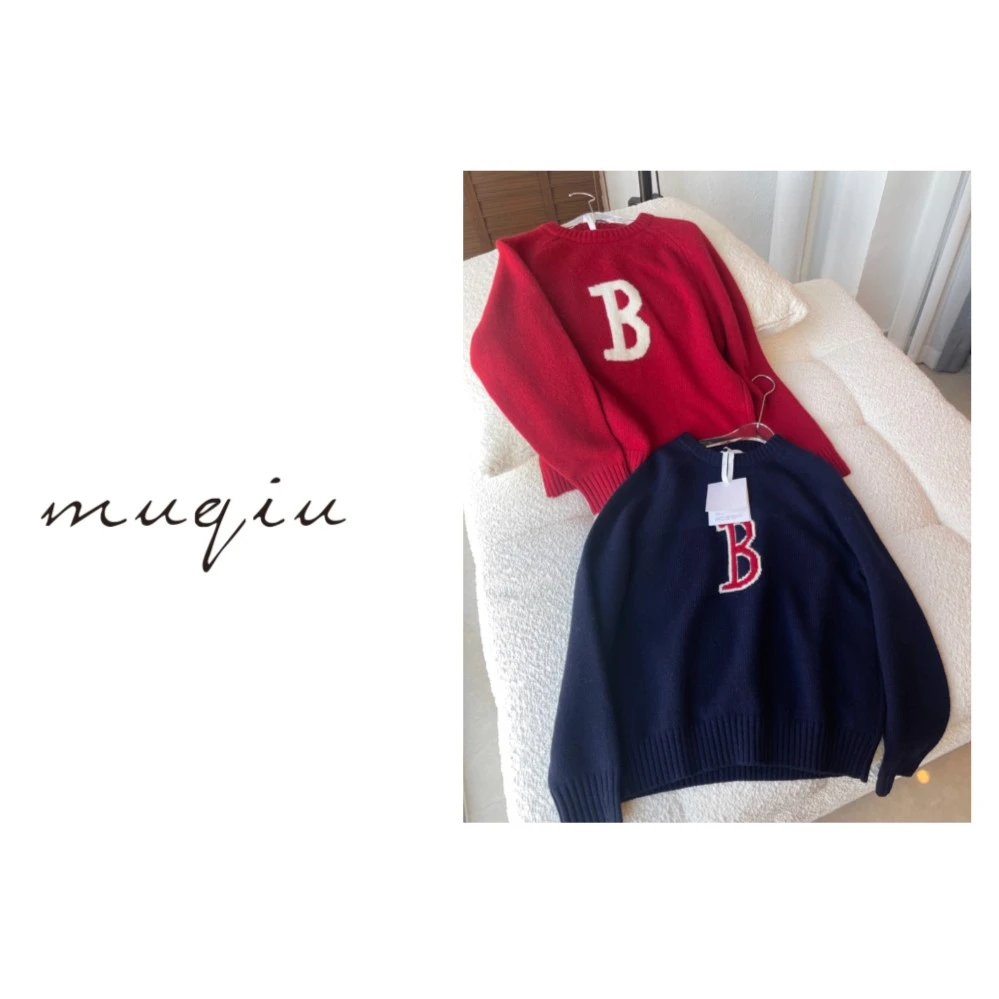 青慕知湫 【B字母】～the Barnnet100%绵羊毛复古套头撞色羊毛针织衫