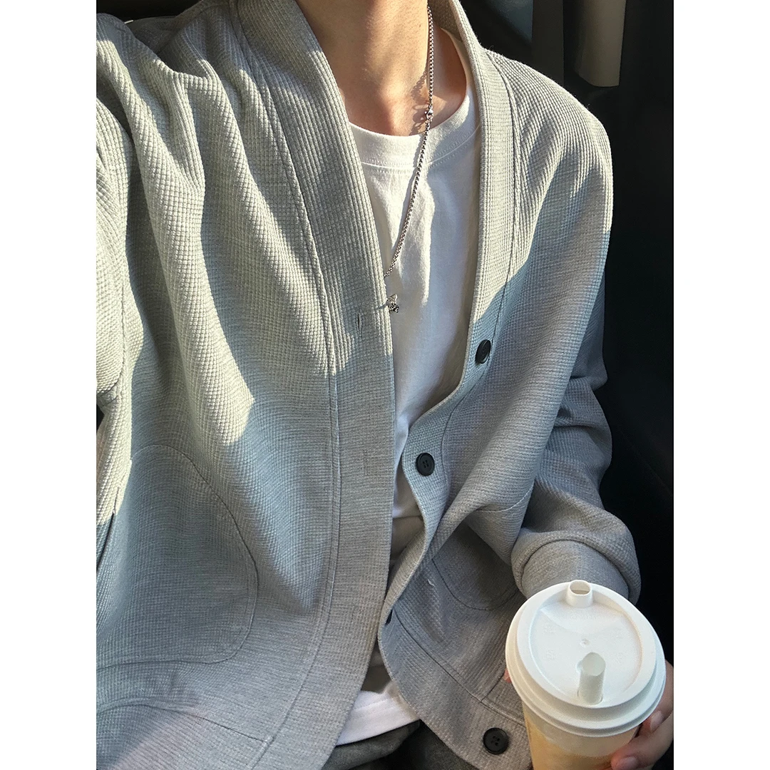 cleanfit灰色华夫格外套男款秋季慵懒风开衫卫衣宽松美式情侣夹克