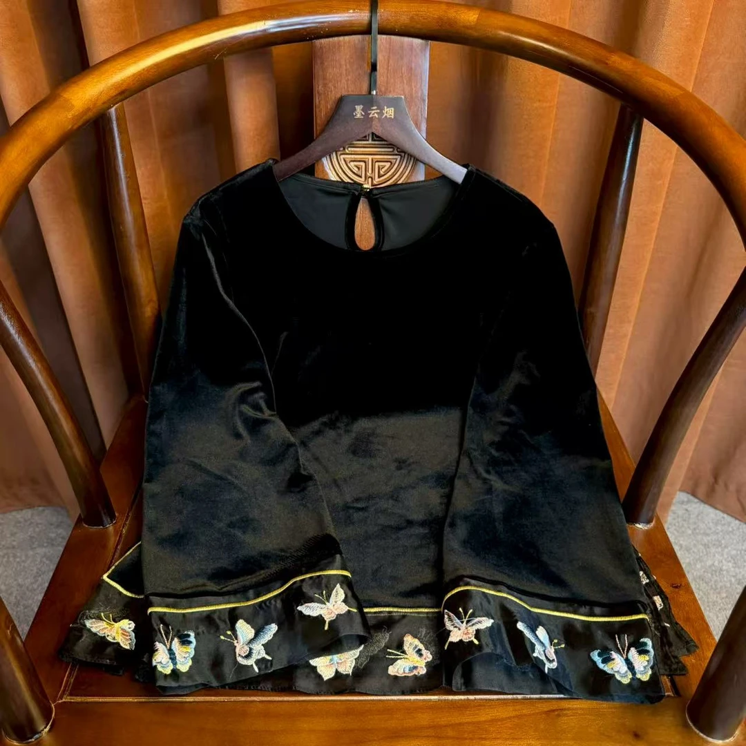 【兰序】新中式国风优雅气质复古丝绒长袖上衣女秋冬新款高级衬衫