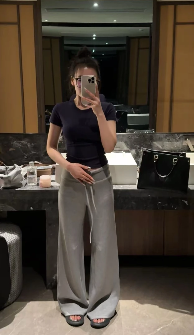 【Glozzzz】 运动风抽绳高腰阔腿卫裤吹干拖地休闲裤L q306