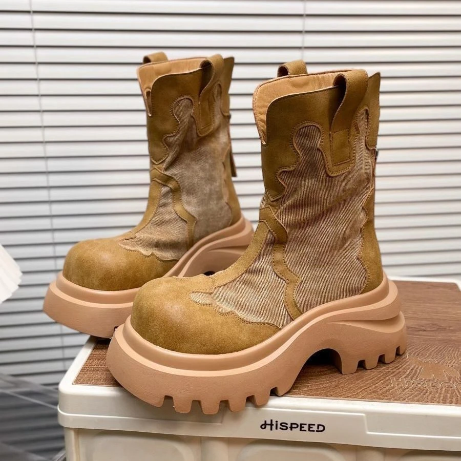 （品牌断码）厚底增高大头中筒靴女鞋子2025年新款超绝洋气舒适马丁