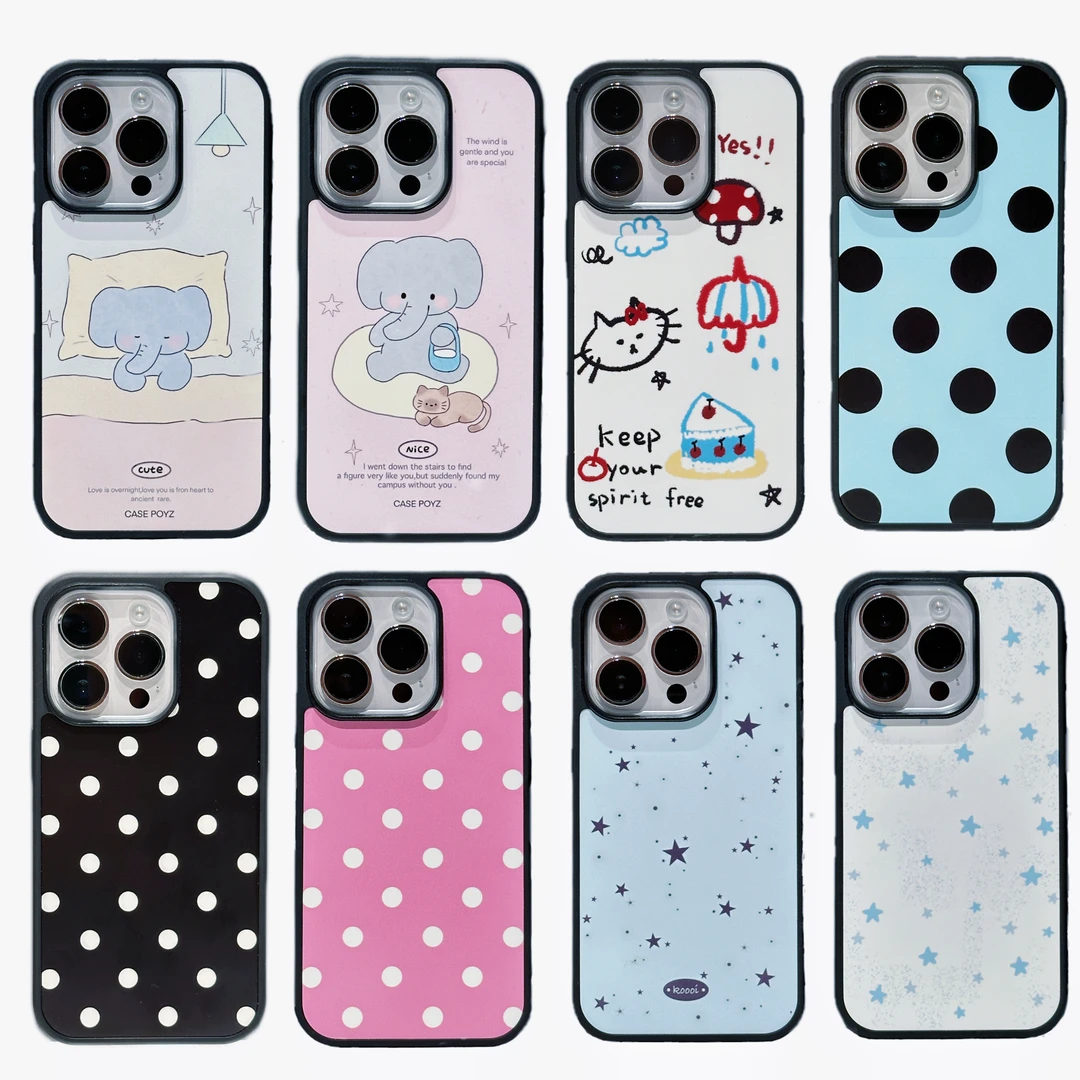 【第二件0元】ins可爱治愈小象波点磨砂黑边框手机壳iPhone16Pro