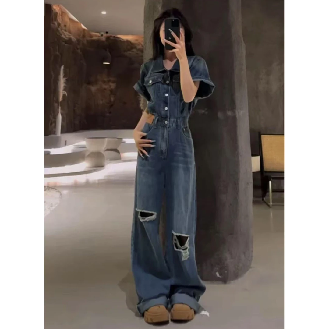 2025夏季薄新款宽松减龄复古破洞牛仔裤梨形身材显瘦阔腿连体裤女