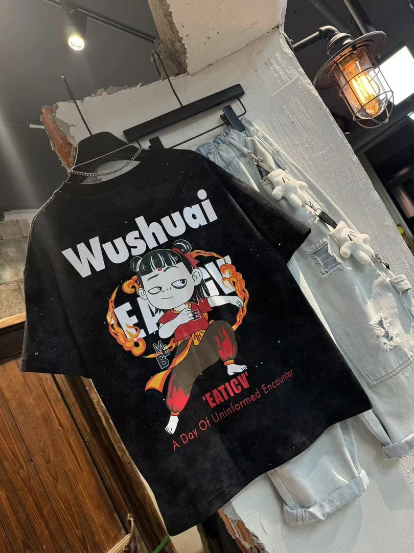 吾 2025【Y】2月25日 儿童男童女童时尚黑色哪吒短袖T恤2548-